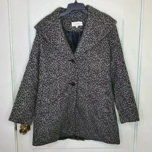 Size 8 Calvin Klein Gray Leopard Cheetah Print Button Wool Wrap Coat With Belt - Picture 1 of 6